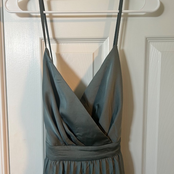 Lulus Ultimate Charm Dark Sage Grey Satin Pleated High-low Maxi Dress - Size L - Picture 5 of 8